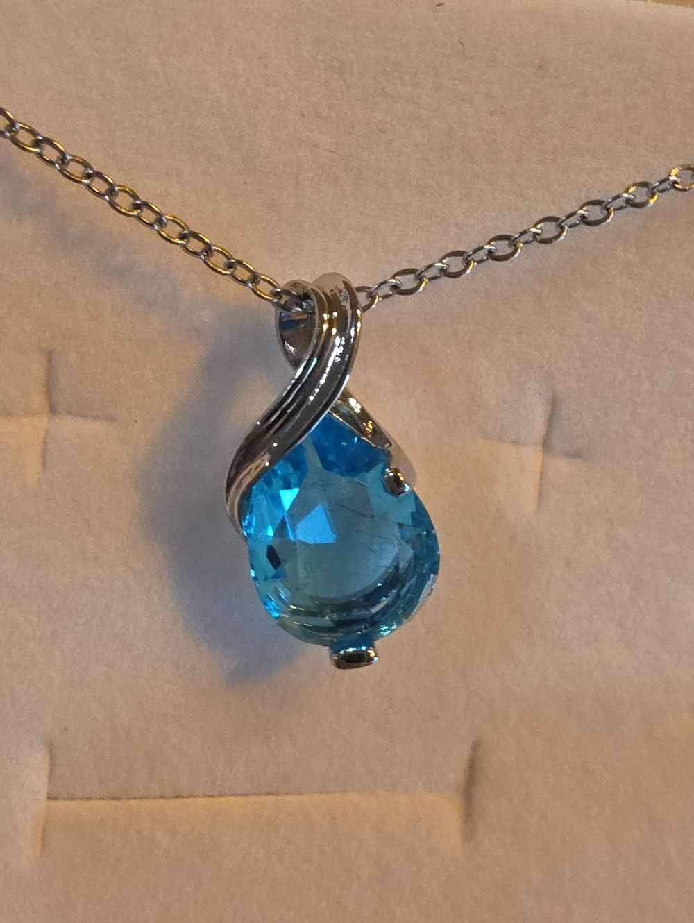 Silver Teardrop Blue Crystal Pendant Necklace - Women Jewelry